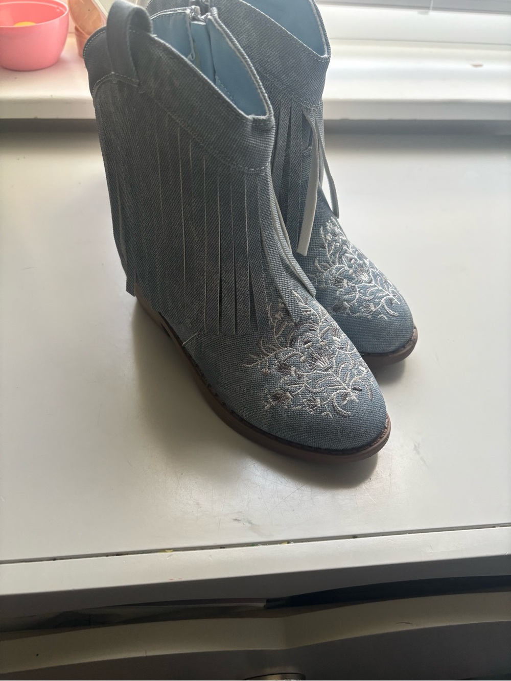 Fringe Embroidered Ankle Boots - Light Blue